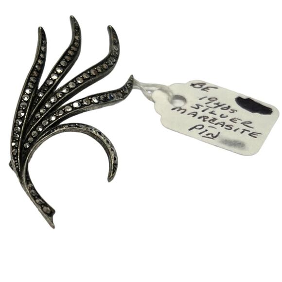 Vintage Silver Marcasite Feather Leaf Brooch Spray Pin Push-pull Trombone Clasp - Picture 4 of 6